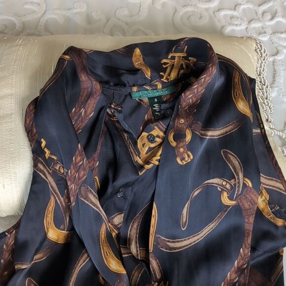 Vintage Ralph Lauren 100% Silk Equestrian Sleeveless Tie Front Blouse - Picture 9 of 12